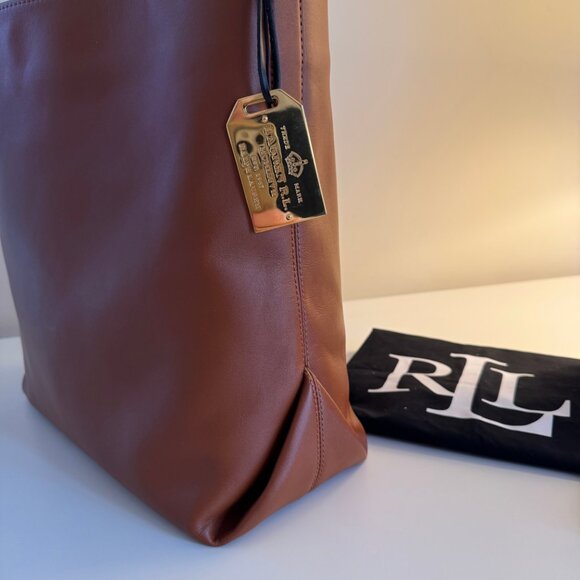 NWOT Lauren Ralph Lauren's Kassie Large Leather Shoulder Tote Bag + Brass Tag - Picture 10 of 13